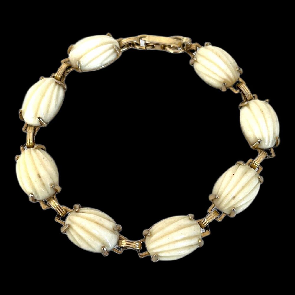Vintage 1950s Celluloid Bracelet Gold Tone Oval Beads Mid Century - 2I